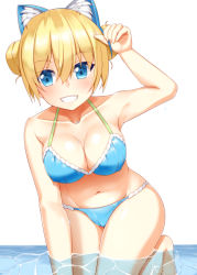 Rule 34 | 1girl, alternate hairstyle, animal ear fluff, animal ears, bikini, blend s, blonde hair, blue bikini, blue eyes, blush, breasts, cameltoe, cat ears, cleavage, collarbone, devil (stepdevils), double bun, fake animal ears, hair bun, hairband, hinata kaho, kneeling, large breasts, looking at viewer, partially submerged, smile, solo, swimsuit