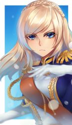 Rule 34 | &gt;:|, 1girl, :|, bad id, bad pixiv id, blonde hair, blue background, blue eyes, braid, breasts, closed mouth, crown braid, elbow gloves, epaulettes, eyebrows, eyes visible through hair, fourragere, furrowed brow, gloves, highres, ian wang, long hair, looking at viewer, makeup, mascara, military, military uniform, motion blur, outside border, richelieu (warship girls r), sash, serious, solo, swept bangs, uniform, upper body, v-shaped eyebrows, warship girls r, white gloves