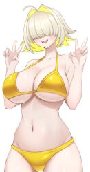 Rule 34 | 1girl, bikini, blonde hair, breasts, cleavage, curvy, double v, elegg (nikke), fang, goddess of victory: nikke, hair intakes, hair over eyes, highres, large breasts, long bangs, multicolored hair, navel, open mouth, shiny skin, short hair, simple background, smile, solo, solo focus, surippa1010, swimsuit, thigh gap, two-tone hair, underboob, upright ahoge, v, white background, wide hips, yellow bikini