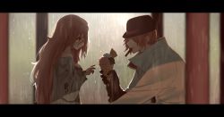 Rule 34 | 1boy, 1girl, aged down, backlighting, black hat, blurry, bowler hat, cigar, covered eyes, crying, depth of field, dirty, dishwasher1910, faceless, faceless male, food, from side, hair between eyes, hat, highres, ice cream, ice cream cone, letterboxed, long hair, neo politan, outdoors, pink hair, rags, rain, roman torchwick, rwby, very long hair
