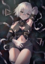 Rule 34 | 1girl, absurdres, arm belt, arm up, armpits, bandaged arm, bandages, black gloves, black panties, blush, breasts, closed mouth, crossed bangs, dagger, eto mitsuba, facial scar, fang, fate/apocrypha, fate (series), gloves, green eyes, hair between eyes, highres, jack the ripper (fate/apocrypha), knife, looking at viewer, lowleg, lowleg panties, lying, medium breasts, navel, on back, panties, partially submerged, scar, scar across eye, scar on cheek, scar on face, short hair, shoulder tattoo, single glove, slit pupils, smile, solo, tattoo, thighhighs, thighs, underwear, water, weapon, white hair