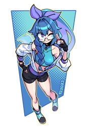 Rule 34 | 1girl, absurdres, bare legs, bare shoulders, black-framed eyewear, black shorts, blue background, blue footwear, blue hair, blue shirt, blue theme, boots, border, braid, breasts, choker, closed mouth, creatures (company), crop top, dot nose, female focus, fingerless gloves, from above, game freak, glasses, gloves, hair between eyes, hair ribbon, halftone, halftone background, highres, iqbal fauzi, jacket, keystone, legs apart, long hair, long sleeves, medium breasts, mega stone, midriff peek, multicolored hair, nintendo, off-shoulder jacket, off shoulder, one eye closed, original, outline, outside border, partially unzipped, perspective, poke ball, pokemon, ponytail, purple eyes, purple hair, ribbon, see-through, shirt, shoes, short shorts, shorts, single braid, smile, solo, source request, streaked hair, tareme, white border, wink, yellow outline