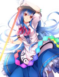 Rule 34 | 1girl, blue hair, dabadhi, dress, female focus, hat, highres, hinanawi tenshi, long hair, md5 mismatch, parted lips, red eyes, solo, sword of hisou, touhou, very long hair, white background