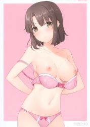 Rule 34 | 1girl, 6u (eternal land), absurdres, bare shoulders, blush, bow, bow bra, bow panties, bra, breasts, brown hair, character name, closed mouth, highres, katou megumi, medium breasts, navel, nipples, open bra, panties, pink background, pink bra, pink panties, saenai heroine no sodatekata, scan, shiny skin, short hair, simple background, solo, stomach, underwear, underwear only, undressing