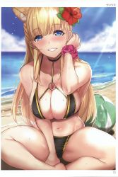 Rule 34 | 1girl, absurdres, animal ear fluff, artist name, ball, beach, beachball, bikini, blonde hair, blue eyes, breasts, cleavage, day, flower, hair flower, hair ornament, hibiscus, highres, large breasts, long hair, looking at viewer, navel, o-ring, o-ring bikini, page number, parted lips, scan, scrunchie, sitting, smile, solo, sparkle, stomach, swimsuit, toranoana, untue, water, water drop, wet, wrist scrunchie