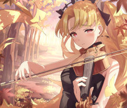 Rule 34 | 1girl, absurdres, alternate costume, autumn, autumn leaves, bare shoulders, black dress, black ribbon, blonde hair, blush, bow (music), closed mouth, commentary request, dress, earrings, ereshkigal (fate), fate/grand order, fate (series), floating hair, forest, hair ribbon, hidulume, highres, holding, holding bow (music), holding instrument, holding violin, instrument, jewelry, leaf, long hair, music, nature, outdoors, parted bangs, playing instrument, red eyes, ribbon, sleeveless, sleeveless dress, solo, strapless, strapless dress, tiara, tree, upper body, very long hair, violin
