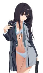 Rule 34 | 1girl, black hair, bra, closed mouth, cowboy shot, flat chest, gun, holding, holding gun, holding weapon, inoue takina, long hair, long sleeves, looking away, looking down, lycoris recoil, navel, open clothes, panties, purple eyes, school uniform, solo, some1else45, stomach, underwear, weapon, white bra, white panties