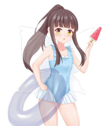 Rule 34 | 1girl, :o, alternate costume, alternate hairstyle, bare arms, blunt bangs, blush, collarbone, commentary request, contrapposto, cowboy shot, fairy wings, flat chest, food, frills, hand up, high ponytail, highres, holding, holding food, holding popsicle, holding swim ring, innertube, looking at viewer, open mouth, p.w., popsicle, sidelocks, simple background, solo, star sapphire, swim ring, touhou, white background, wings, yellow eyes