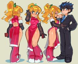 Rule 34 | 1boy, 1girl, aged up, alternative body build, ass, ass focus, blonde hair, boots, breasts, brother and sister, capcom, china dress, chinese clothes, dress, elbow gloves, formal, gloves, green eyes, highres, implied nopan, large breasts, looking at viewer, mega man (character), mega man (classic), mega man (series), multiple views, naughty face, no panties, ponytail, presenting, ribbon, roll (mega man), siblings, simple background, suit, thick thighs, thighs, wamudraws, wide hips