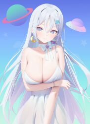 Rule 34 | 1girl, aya (lezon), bare arms, bare shoulders, breast hold, breasts, choker, cleavage, crescent, crescent earrings, dress, earrings, green eyes, hair ornament, hairclip, highres, indie virtual youtuber, jewelry, large breasts, long hair, looking at viewer, multicolored eyes, planet, purple eyes, ribbon choker, sleeveless, sleeveless dress, smile, solo, spaghetti strap, strap slip, sundress, ukuruniru, upper body, very long hair, virtual youtuber, white choker, white dress, white hair