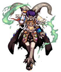 Rule 34 | 1boy, animal ears, commentary request, emon-yu, flask, full body, gauntlets, genetic (ragnarok online), gloves, hair over one eye, horns, living clothes, looking at viewer, mask, mouth mask, pants, purple hair, ragnarok online, red eyes, round-bottom flask, short hair, simple background, solo, standing, syringe, teeth, tongue, vial, white background, white gloves, white pants