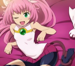Rule 34 | 10s, 1girl, ;d, animal ears, arm support, armpits, bare arms, bare shoulders, bed sheet, bike shorts, black thighhighs, blush, boots, cat ears, cat girl, cat tail, feet, green eyes, gundam, gundam build divers, hairu, long hair, lying, miniskirt, momo (gundam build divers), one eye closed, open mouth, over-kneehighs, paw shoes, pink hair, pleated skirt, ponytail, red skirt, shirt, shorts, shorts under skirt, skirt, sleeveless, sleeveless shirt, smile, solo, tail, tail wrap, thighhighs, toes, unworn boots, wink, yashiro momoka