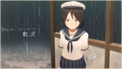 Rule 34 | 10s, 1girl, 2016, absurdres, alternate color, arms behind back, blouse, blue skirt, blush, brown eyes, brown hair, character name, closed umbrella, collarbone, cowboy shot, dated, eyebrows, hat, highres, kantai collection, key kun, looking at viewer, looking away, neckerchief, open mouth, outdoors, pleated skirt, ponytail, rain, sailor hat, school uniform, serafuku, shadow, shikinami (kancolle), shirt, short hair, short ponytail, short sleeves, skirt, solo, standing, twitter username, umbrella, white shirt