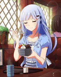 Rule 34 | 10s, 1girl, artist request, blouse, blue shirt, blush, booth seating, closed eyes, collarbone, cup, dress, eating, food, frills, fruit, idolmaster, idolmaster million live!, idolmaster million live! theater days, indoors, light smile, long hair, official art, plant, puffy short sleeves, puffy sleeves, restaurant, shiraishi tsumugi, shirt, short sleeves, silver hair, sitting, smile, solo, solo focus, spoon, strawberry, sunlight, table, white dress, window, yunomi