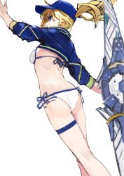 Rule 34 | 1girl, ahoge, arm up, artoria pendragon (fate), ass, baseball cap, bikini, blonde hair, blue hat, blue jacket, commentary, cropped jacket, fate/grand order, fate (series), from behind, hair through headwear, hat, highres, holding, holding polearm, holding weapon, jacket, long hair, long sleeves, looking ahead, mysterious heroine x (fate), mysterious heroine xx (fate), polearm, ponytail, side-tie bikini bottom, simple background, solo, standing, swimsuit, thigh strap, twinmyniad (fate), weapon, white background, white bikini, yorurokujuu