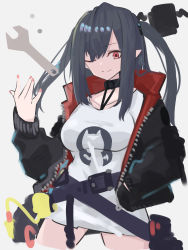 Rule 34 | 1girl, arknights, asususususu, black hair, black jacket, closed mouth, closure (arknights), drone, grey background, hair between eyes, hand in pocket, highres, jacket, long hair, long sleeves, looking at viewer, one eye closed, pointy ears, red eyes, shirt, simple background, smile, solo, white shirt, wrench