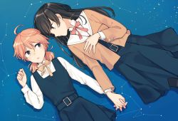 Rule 34 | 10s, 2girls, :o, ahoge, belt, black hair, blue background, bow, bowtie, brown eyes, closed mouth, constellation, couple, dress, eye contact, female focus, from above, grey eyes, hair between eyes, holding hands, interlocked fingers, koito yuu, leo (constellation), long hair, long sleeves, looking at another, looking to the side, low twintails, lying, multiple girls, nakatani, nanami touko, on back, open mouth, orange hair, pantyhose, pinafore dress, red bow, red neckwear, school uniform, short hair, sleeveless, sleeveless dress, smile, twintails, yagate kimi ni naru, yellow bow, yellow neckwear, yuri
