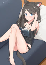 Rule 34 | 1girl, absurdres, adjusting hair, aina (mao lian), animal ear fluff, animal ears, ass, barefoot, black camisole, black hair, black panties, blue eyes, breasts, camisole, cat ears, cat tail, cleavage, couch, highres, knees up, legs, crossed legs, long hair, looking at viewer, lying, mao lian (nekokao), medium breasts, on back, original, panties, pillow, sitting, smile, solo, tail, toes, underwear, underwear only