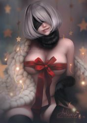 Rule 34 | 1girl, 2b (nier:automata), arkuny, artist name, bare shoulders, black blindfold, black gloves, black hairband, blindfold, breasts, cape, cleavage, commentary, covered eyes, facing viewer, fur cape, gift, gloves, groin, hairband, head tilt, large breasts, lips, lipstick, makeup, naked ribbon, nier:automata, nier (series), nose, patreon username, pulling own clothes, red lips, red ribbon, ribbon, short hair, silver hair, smile, solo, teeth, thighhighs, thighhighs pull