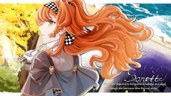 Rule 34 | 1girl, ajie (changemyself), braided sidelock, character name, checkered hairband, english text, floating hair, from behind, glass pen, gloves, green eyes, grey cloak, hand up, highres, holding, holding pen, long hair, looking at viewer, looking back, ocean, orange hair, parted lips, pen, profile, reverse:1999, solo, sonetto (reverse:1999), tree, turning head, two side up, upper body, white gloves