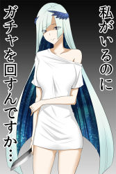 Rule 34 | 1girl, blue hair, breasts, brynhildr (fate), collarbone, commentary request, eyes visible through hair, fate/grand order, fate (series), hair over eyes, holding, holding knife, kitchen knife, knife, large breasts, long hair, long shirt, looking at viewer, multicolored hair, naked shirt, off shoulder, purple eyes, shima-shuu, shirt, silver hair, single bare shoulder, smile, solo, translation request, two-tone hair, white shirt, wing hair ornament, yandere
