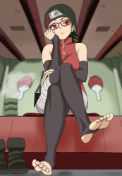 Rule 34 | 10s, 1girl, asymmetrical hair, black hair, black thighhighs, blurry, boruto: naruto next generations, crossed legs, cup, depth of field, detached sleeves, feet, forehead protector, glasses, hand on own face, has bad revision, has downscaled revision, highres, konohagakure symbol, kunai, looking at viewer, md5 mismatch, naruto (series), nush advance, raised eyebrow, red eyes, resolution mismatch, sharingan, short hair, sitting, sleeveless, soles, solo, source smaller, stirrup legwear, thighhighs, toeless legwear, toes, uchiha sarada, uchiha symbol, weapon, zipper, zipper pull tab