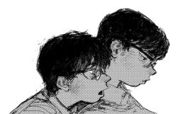 Rule 34 | 2boys, black hair, from side, glasses, halftone, highres, looking down, mettaflix, multiple boys, open mouth, original, white background