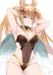 Rule 34 | 1girl, :q, animal ears, armpits, arms up, blonde hair, breasts, brown eyes, cleavage, erune, granblue fantasy, heart, heart-shaped pupils, highres, kuavera, long hair, looking at viewer, medium breasts, metera (granblue fantasy), mole, mole under mouth, raised eyebrows, simple background, sitting, solo, symbol-shaped pupils, thighs, tongue, tongue out, twintails, white background