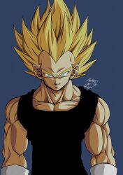 Rule 34 | 1boy, absurdres, artist name, biceps, black bodysuit, blonde hair, blue background, bodysuit, closed mouth, collarbone, commentary request, dragon ball, dragonball z, gloves, green eyes, highres, looking at viewer, male focus, muscular, muscular male, pectorals, seya (asasei 718), signature, simple background, sleeveless, sleeveless bodysuit, smile, smirk, solo, spiked hair, super saiyan, super saiyan 1, upper body, v-shaped eyebrows, vegeta, white gloves, widow&#039;s peak