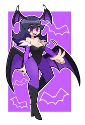 Rule 34 | 1girl, @ @, bare shoulders, bat wings, boots, breasts, bridal gauntlets, cleavage, cosplay, creatures (company), game freak, gro-ggy, head wings, hex maniac (pokemon), high heel boots, high heels, highres, large breasts, leotard, long hair, looking at viewer, messy hair, morrigan aensland, morrigan aensland (cosplay), nintendo, npc trainer, open mouth, pantyhose, pokemon, pokemon xy, purple eyes, purple hair, smile, solo, v, vampire (game), wings