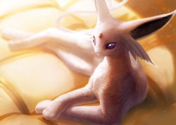 Rule 34 | commentary, couch, creatures (company), espeon, forehead jewel, game freak, gen 2 pokemon, light particles, looking at viewer, nintendo, no humans, pokemon, pokemon (creature), realistic, sitting, solo, teru sakura