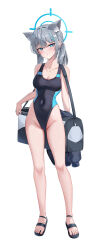 Rule 34 | 1girl, absurdres, animal ear fluff, animal ears, bag, bare arms, bare legs, bare shoulders, black one-piece swimsuit, blue archive, blue eyes, blush, breasts, commentary, competition swimsuit, covered navel, cross hair ornament, extra ears, full body, gluteal fold, grey hair, hair ornament, halo, highleg, highleg swimsuit, highres, li se, looking at viewer, low ponytail, medium breasts, medium hair, mismatched pupils, multicolored clothes, multicolored swimsuit, official alternate costume, one-piece swimsuit, sandals, shiroko (blue archive), shiroko (swimsuit) (blue archive), simple background, solo, standing, swimsuit, white background, wolf ears