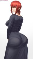 Rule 34 | 1girl, arched back, ass, black dress, braid, breasts, chainsaw man, closed mouth, curvy, dress, from behind, highres, large breasts, light smile, long sleeves, looking at viewer, looking back, makima (chainsaw man), orange eyes, pantylines, patreon username, red hair, sidelocks, simple background, single braid, skin tight, smile, solo, superbusty, white background