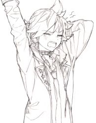 Rule 34 | 1boy, arms up, blazer, choker, closed eyes, greyscale, jacket, kagamine len, lapels, leo/need (project sekai), leo/need len, light blush, lineart, long sleeves, male focus, monochrome, naoko (naonocoto), necktie, notched lapels, open clothes, open jacket, open mouth, project sekai, school uniform, shirt, short hair, sketch, solo, spiked hair, stretching, tears, teeth, upper body, upper teeth only, vocaloid, yawning