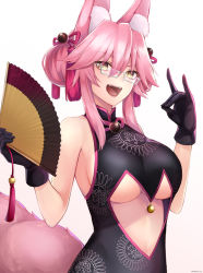 Rule 34 | 1girl, animal ear fluff, animal ears, bad id, bad pixiv id, bare shoulders, bell, black dress, blush, breasts, center opening, china dress, chinese clothes, dress, fate/grand order, fate (series), folding fan, fox ears, fox girl, fox tail, glasses, hair between eyes, hand fan, highres, jingle bell, koyanskaya (chinese lostbelt outfit) (fate), koyanskaya (fate), large breasts, long hair, looking at viewer, pink hair, sidelocks, simple background, smile, solo, tail, tamamo (fate), tassel, underboob, white background, yellow eyes, yukihama