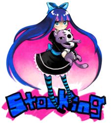 Rule 34 | 10s, 1boy, blue eyes, blue hair, bow, colored inner hair, doll, dress, hair bow, highres, honekoneko, honekoneko (psg), hugging doll, hugging object, long hair, male focus, matching hair/eyes, morina nao, multicolored hair, panty &amp; stocking with garterbelt, pink hair, solo, stocking (psg), striped clothes, striped thighhighs, stuffed animal, stuffed cat, stuffed toy, thighhighs, two-tone hair, very long hair