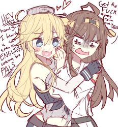 Rule 34 | 10s, 2girls, :d, ahoge, bad anatomy, bags under eyes, bare shoulders, blonde hair, blue eyes, blush, brown hair, disgust, embarrassed, english text, female focus, fingerless gloves, gloves, heart, heart in mouth, highres, hug, iowa (kancolle), japanese clothes, kantai collection, kongou (kancolle), kvlen, long hair, looking at another, multiple girls, open mouth, profanity, pushing away, shaded face, shy, smile, star-shaped pupils, star (symbol), sweat, symbol-shaped pupils, talking, wavy mouth, yuri
