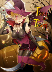 Rule 34 | 1girl, bat wings, blonde hair, boots, demon tail, elbow gloves, face, gloves, halloween, jack-o&#039;-lantern, kyo (kuroichigo), long hair, original, pointy ears, pumpkin, red eyes, scythe, sitting, solo, tail, thigh boots, thighhighs, trick or treat, twintails, wings