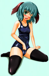 Rule 34 | 1girl, animal ears, arm support, bad id, bad pixiv id, black thighhighs, blush, fang, female focus, green eyes, green hair, highres, kasodani kyouko, matching hair/eyes, one-piece swimsuit, one eye closed, open mouth, school swimsuit, shiny clothes, short hair, sitting, skindentation, solo, swimsuit, tera hiroshi, thighhighs, touhou, wariza, wink, zettai ryouiki