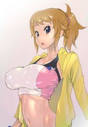Rule 34 | 10s, 1girl, breasts, brown hair, collarbone, covered erect nipples, female focus, gradient background, gundam, gundam build fighters, gundam build fighters try, hoshino fumina, jacket, kotoyoshi yumisuke, large breasts, long sleeves, looking at viewer, navel, open mouth, ponytail, solo, sports bra, upper body