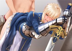 Rule 34 | 1boy, 1girl, ahoge, armor, artoria pendragon (all), artoria pendragon (fate), bent over, blonde hair, blush, braid, breastplate, clothed sex, clothes lift, doggystyle, dress, dress lift, excalibur (fate/stay night), fate/stay night, fate (series), gauntlets, green eyes, hetero, long sword, nanahime, one eye closed, open mouth, panties, panty pull, planted, planted sword, planted weapon, saber (fate), sex, sex from behind, sidelocks, solo focus, standing, sword, tears, underwear, vaginal, weapon, white panties