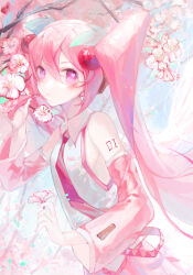 1girl ahehehe blush cherry cherry_blossoms cherry_hair_ornament detached_sleeves flower food food-themed_hair_ornament fruit hair_ornament hatsune_miku highres long_hair necktie petals pink_eyes pink_hair pink_necktie pink_sleeves pink_theme pink_trim sakura_miku shirt shoulder_tattoo skirt solo tattoo twintails very_long_hair vocaloid white_shirt