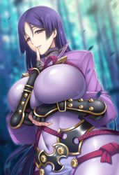 Rule 34 | 1girl, arm guards, black gloves, blurry, bodysuit, breasts, covered navel, curvy, depth of field, fate/grand order, fate (series), finger to mouth, fingerless gloves, fingernails, gloves, half-closed eyes, huge breasts, japanese clothes, long hair, minamoto no raikou (fate), outdoors, parted lips, purple eyes, purple hair, rope, smile, solo, suzuki nene, twitter username, very long hair, wide hips