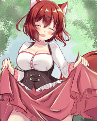 Rule 34 | 1girl, :d, ^ ^, amairo islenauts, animal ears, blush, breasts, brown corset, cleavage, cleavage cutout, closed eyes, clothes lift, clothing cutout, commentary request, corset, cowboy shot, day, facing viewer, forest, frilled corset, frills, hair between eyes, hair ornament, happy, large breasts, lifting own clothes, long skirt, long sleeves, masaki gaillard, medium hair, miyako (mongcocoa), nature, open mouth, outdoors, pink skirt, red hair, red tail, shirt, sketch, skirt, skirt lift, smile, solo, standing, tail, tree, white shirt, wolf ears, wolf girl, wolf tail, x hair ornament