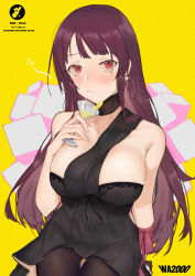 Rule 34 | 1girl, absurdres, arm ribbon, black dress, black pantyhose, blush, breasts, choker, cocktail, cocktail glass, cowboy shot, cup, dress, drinking glass, earrings, food, fruit, girls&#039; frontline, glass, gun, highres, holding, holding cup, jewelry, large breasts, lemon, lemon slice, long hair, looking at viewer, official alternate costume, oka ball, pantyhose, purple hair, red eyes, ribbon, rifle, sitting, wa2000 (ballroom interlude) (girls&#039; frontline), wa2000 (girls&#039; frontline), weapon