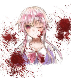 Rule 34 | 1girl, ;), blood, blood on clothes, blood on face, blood splatter, blue shirt, closed mouth, collarbone, cropped torso, floating hair, gasai yuno, hair between eyes, kanameruri, long hair, looking at viewer, mirai nikki, one eye closed, pink hair, pink neckwear, school uniform, shirt, simple background, sketch, smile, solo, upper body, white background
