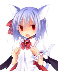 Rule 34 | 1girl, animal ears, bat wings, blue hair, blush, bow, cat ears, cat tail, embarrassed, fang, hair ribbon, kazeharu, no headwear, open mouth, puffy sleeves, red eyes, remilia scarlet, ribbon, shirt, short hair, short sleeves, simple background, solo, tail, text focus, touhou, white background, wings, wrist cuffs