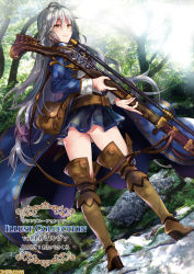 Rule 34 | 10s, 1girl, ahoge, ass, boots, braid, brown footwear, cape, cover, cover page, crop top, from behind, granblue fantasy, gun, haiero, hair between eyes, long hair, long sleeves, looking at viewer, miniskirt, outdoors, rifle, river, silva (granblue fantasy), silver hair, skirt, smile, sniper rifle, solo, thighs, twin braids, very long hair, wavy hair, weapon, yellow eyes