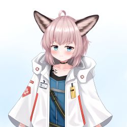 Rule 34 | 1girl, absurdres, ahoge, animal ear fluff, animal ears, arknights, black choker, blue background, blue eyes, blue shirt, blush, brown hair, choker, closed mouth, collarbone, gloves, gradient background, highres, hood, hood down, hooded jacket, jacket, long sleeves, looking at viewer, material growth, open clothes, open jacket, oripathy lesion (arknights), rylaera, shirt, signature, smile, solo, sussurro (arknights), upper body, white background, white gloves, white jacket, wide sleeves