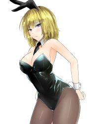 Rule 34 | 1girl, alice margatroid, alternate costume, animal ears, bare arms, bare shoulders, black necktie, blonde hair, blush, breasts, brown pantyhose, cleavage, commentary request, cowboy shot, detached sleeves, fake animal ears, fake tail, hair between eyes, highres, large breasts, leaning forward, leotard, lips, looking at viewer, necktie, pantyhose, playboy bunny, purple eyes, rabbit ears, rabbit tail, shiny skin, short hair, simple background, solo, standing, tail, thighs, touhou, white background, wrist cuffs, y2